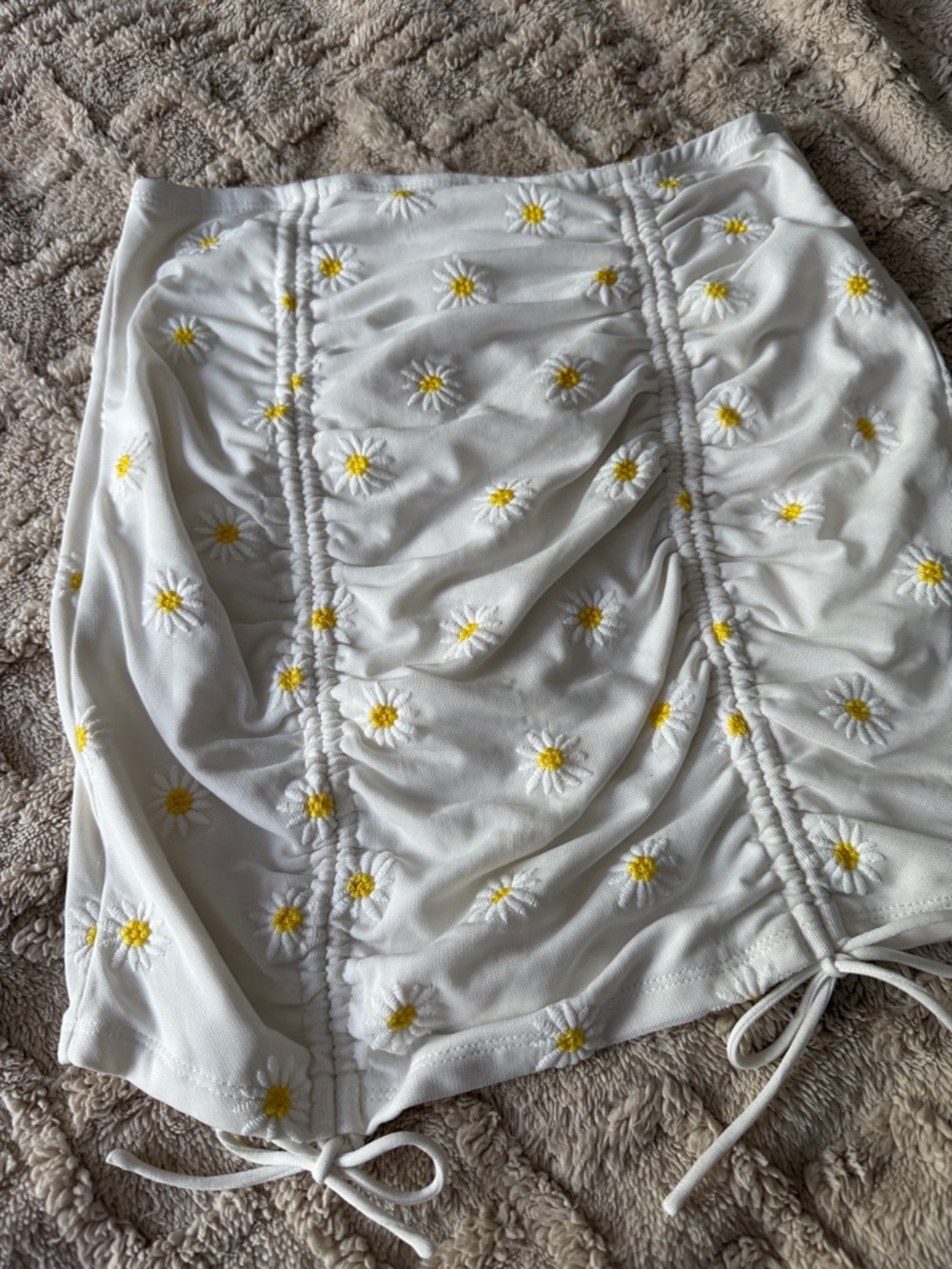 Princess Polly White Ruched Daisy-Embroidered Mini Skirt